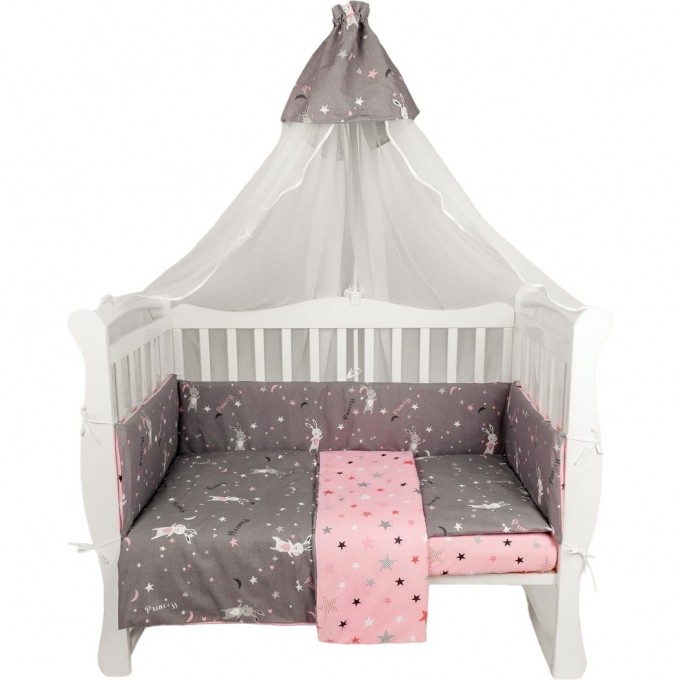 Бортик в кроватку на молнии (4 подушки-бортика) AMAROBABY PRINCESS, серый/розовый AMARO-3104-Prin Бортик в кроватку на молнии (4 подушки-бортика) AMAROBABY PRINCESS, серый/розовый AMARO-3104-Prin