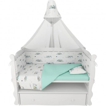 Комплект в кроватку AMAROBABY, ГОРЫ, 7 предметов (6+4 подушки-бортика на молнии), белый/мята, перкаль