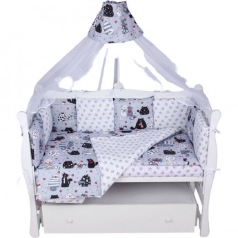 Комплект в кроватку AMAROBABY КОТИКИ, 15 предметов (3+12 подушек-бортиков), бязь, серый