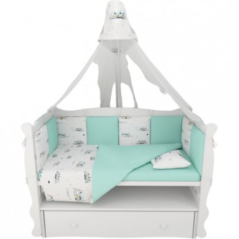 Комплект в кроватку AMAROBABY PREMIUM, 18 предметов (6+12 подушек-бортиков), ГОРЫ, перкаль, белый/мята