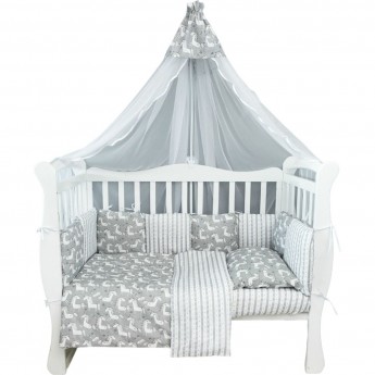 Комплект в кроватку AMAROBABY PREMIUM, СКАЗОЧНЫЕ ЕДИНОРОЖКИ, 18 предметов (6+12 подушек-бортиков), бязь, белый/серый