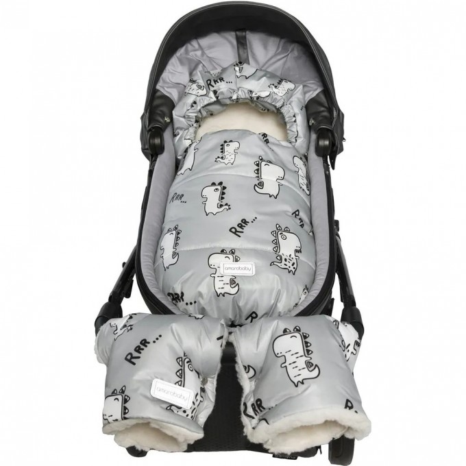 Конверт зимний меховой AMAROBABY SNOWY BABY ДИНОЗАВРЫ, серый, 85 см AMARO-6102-DZ