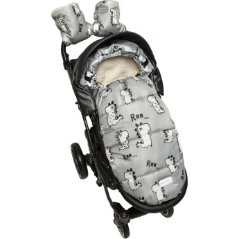 Конверт зимний меховой AMAROBABY SNOWY TRAVEL ДИНОЗАВРЫ, серый, 105 см