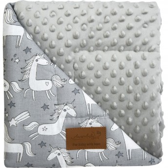 Плед AMAROBABY РАСТЕМ ВМЕСТЕ, СКАЗОЧНЫЕ ЕДИНОРОЖКИ, серый, хлопок/minky, 95х85 см